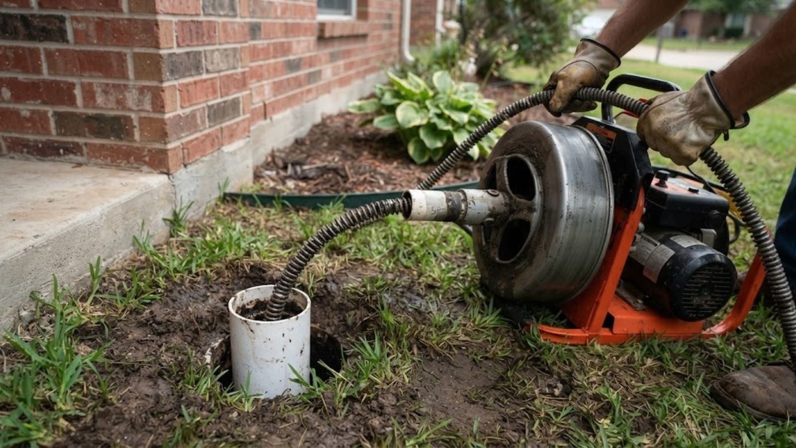 A technician feeding a motorised drain cleaning cable into a floor drain in a basement.