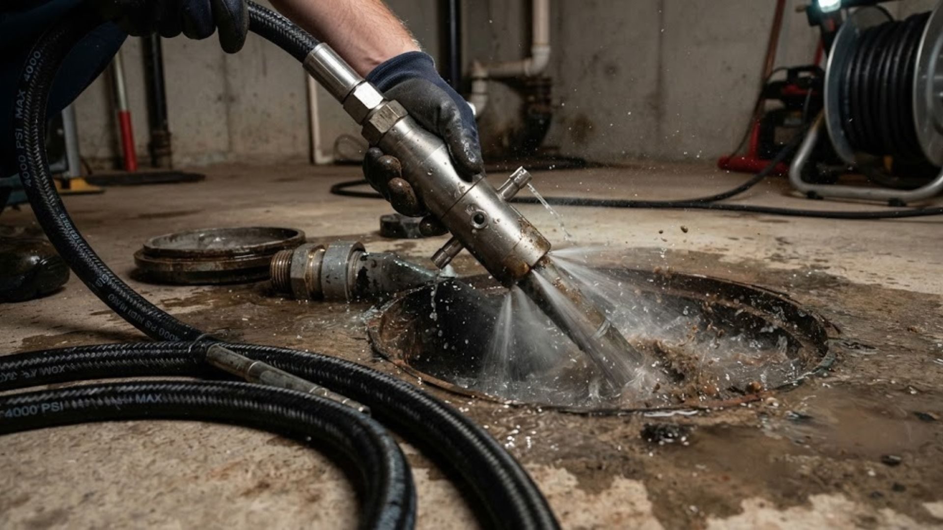 A plumber aiming a high-pressure jetting nozzle into a floor drain with heavy hose coiled around it.