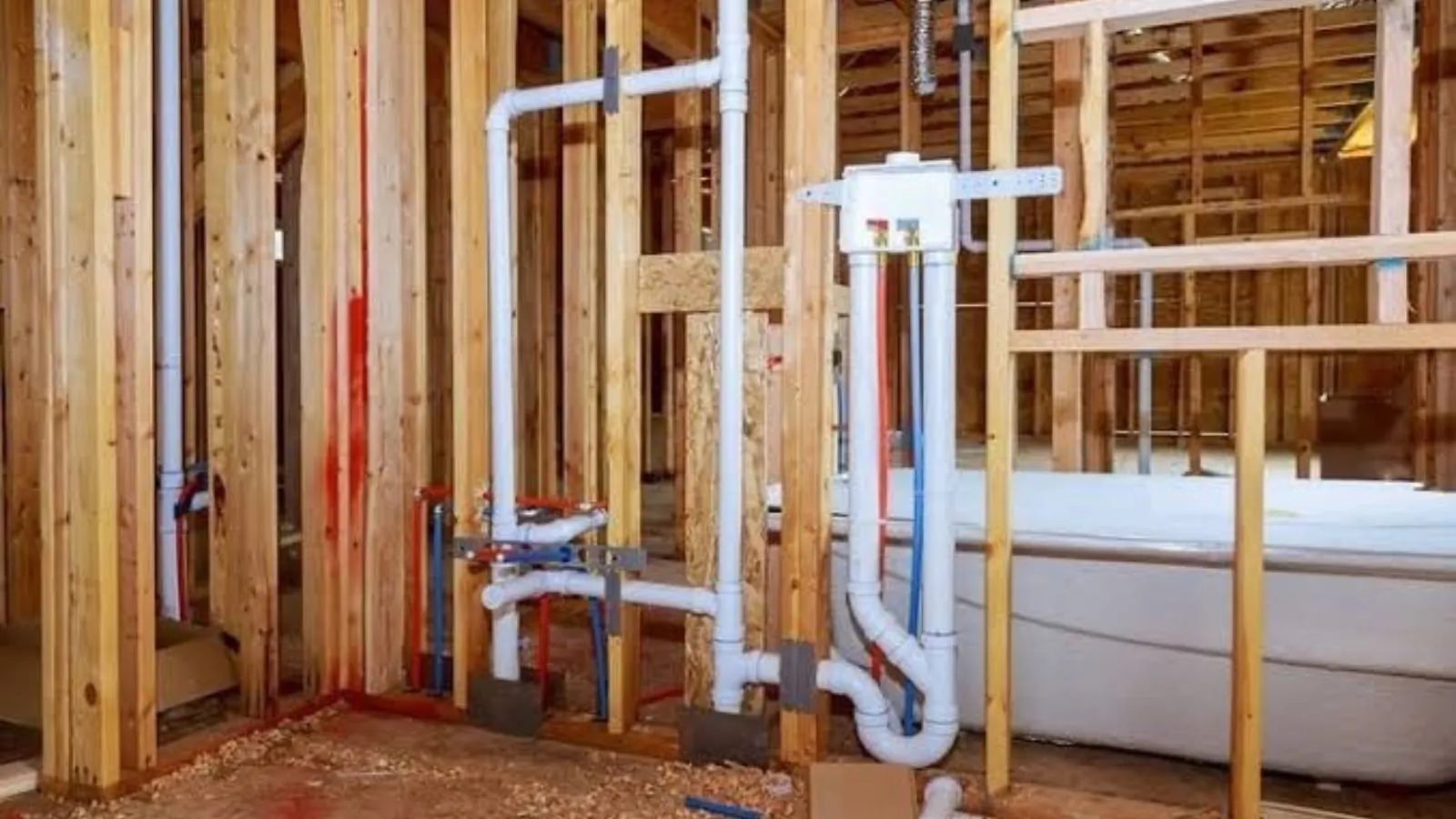 Rough in plumbing for a new bathroom in a wall frame with a tub and drain lines in place.