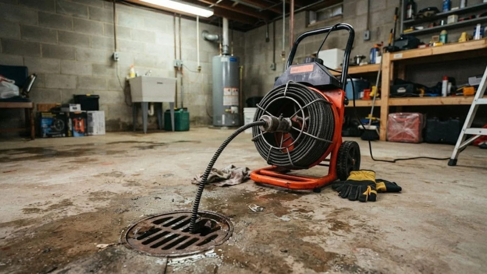 A plumber running a drain cleaning machine with a cable into a cleanout beside a house.
