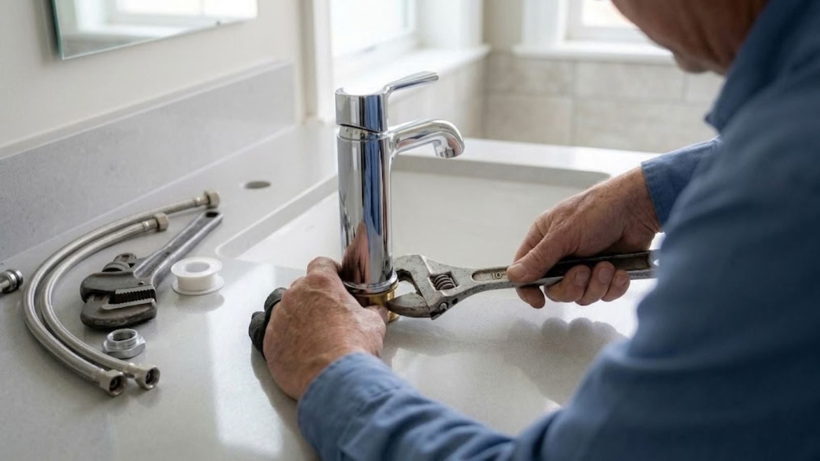 A plumber tightening a bathroom faucet with a wrench, with new supply lines on the counter.
