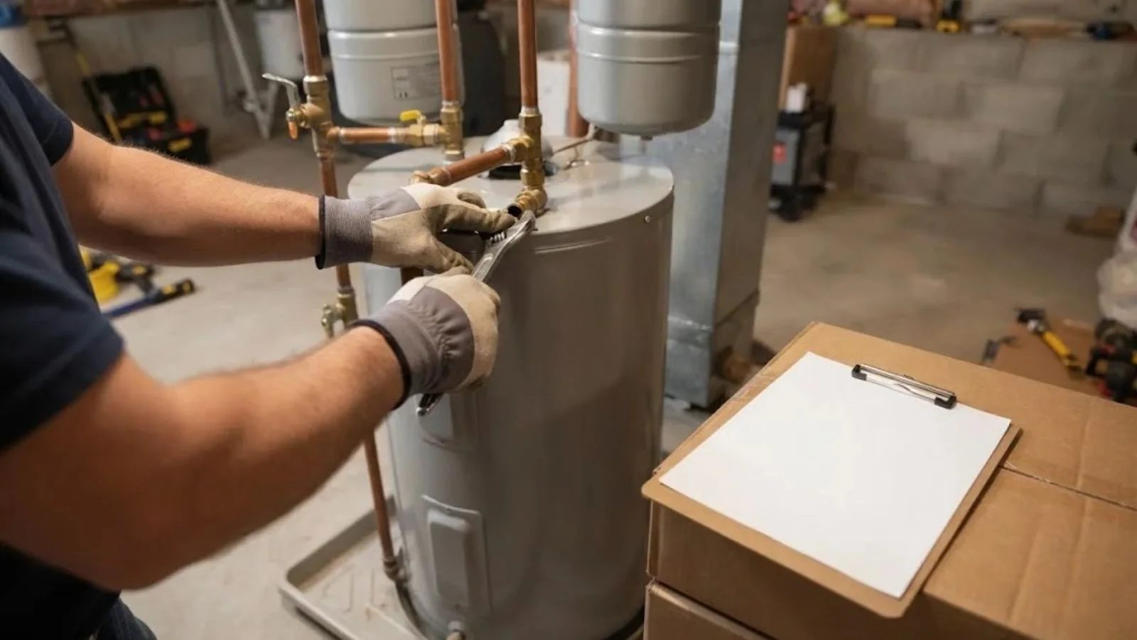 A technician working on the valves of a tank water heater with a clipboard on a box nearby.