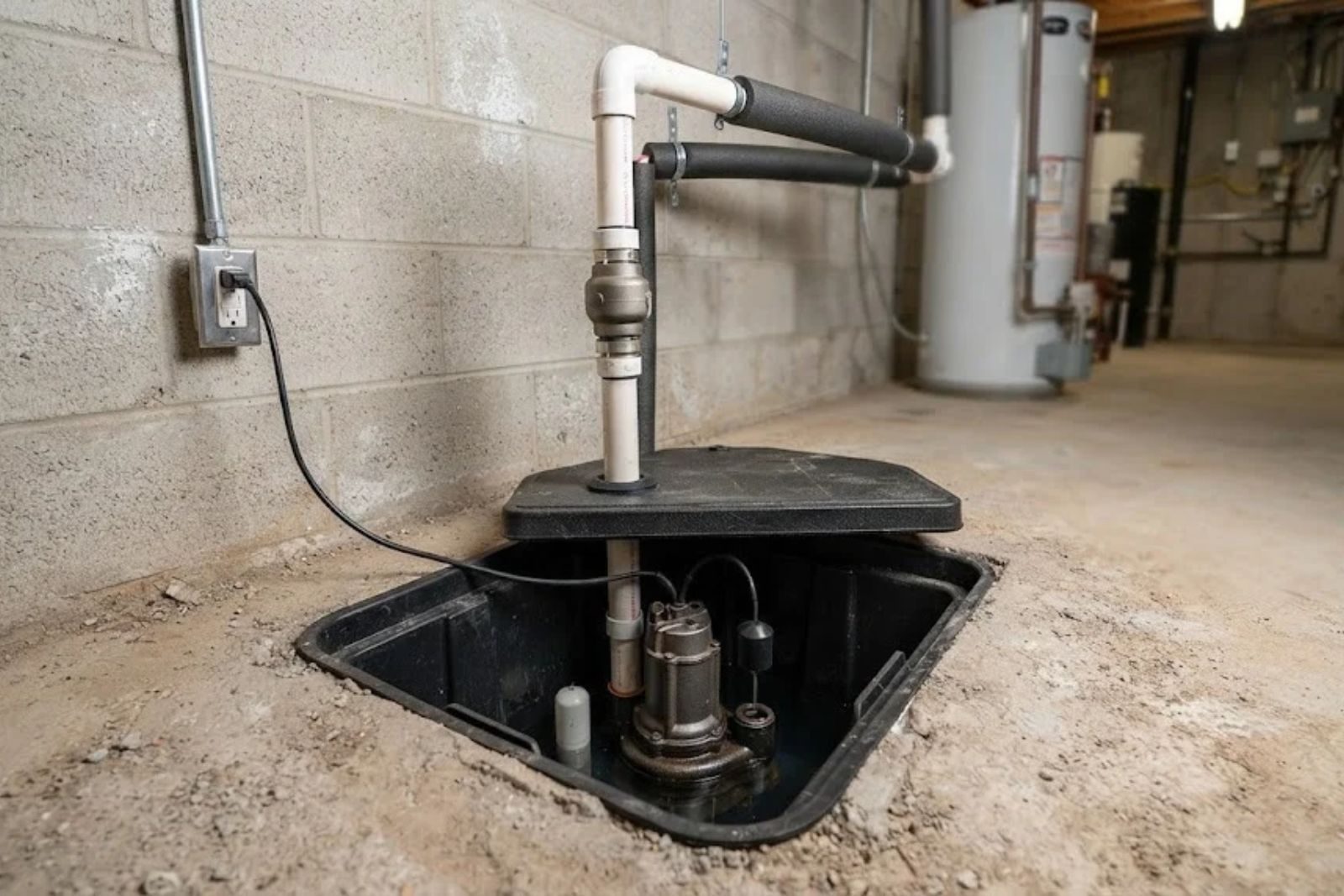 A sump pump sitting in a basin in a basement floor with the discharge pipe rising to the wall.