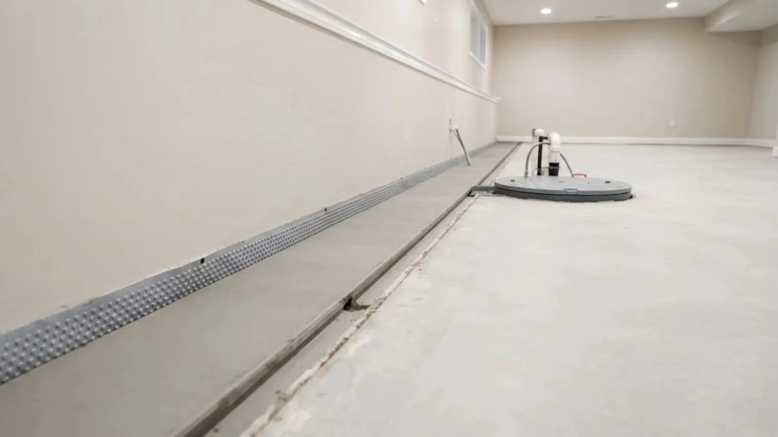 A finished basement floor with a perimeter drain channel along the wall and a sump pit.