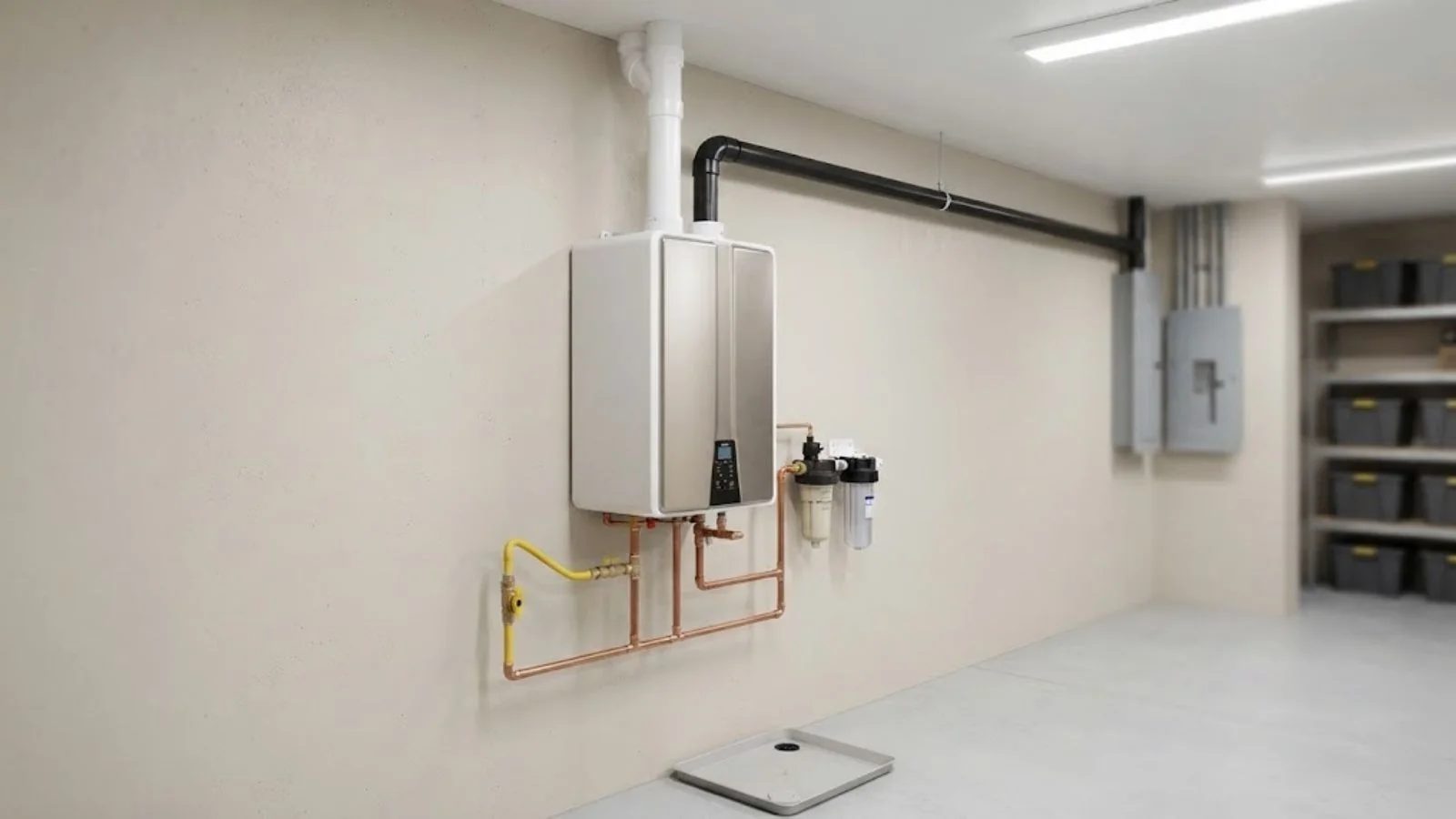 A wall mounted tankless water heater with gas, water and vent connections in a clean utility room.