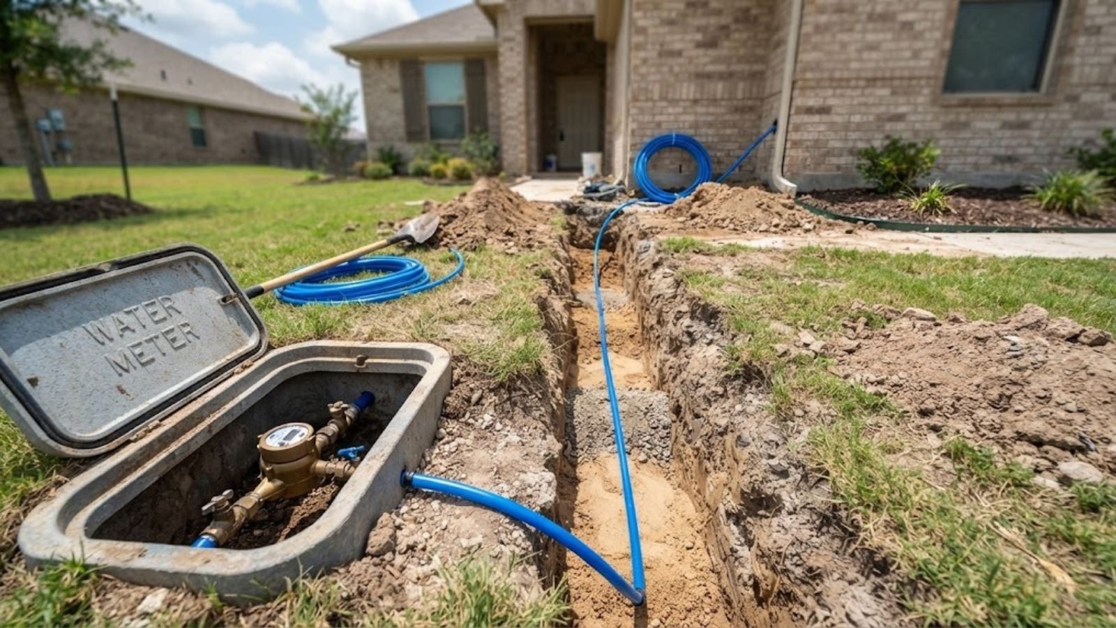 A trench running from a water meter box in a front yard with blue service line laid along it.
